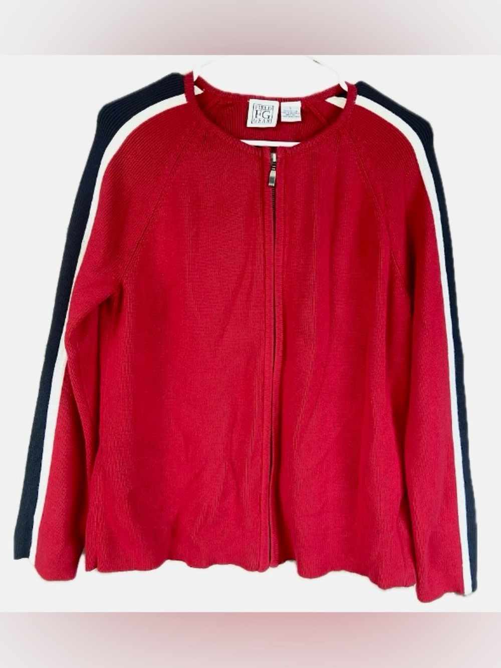 Field Gear Vintage Retro Red Full Zip Knit Sweater Track Jacket Stripe Cotton S